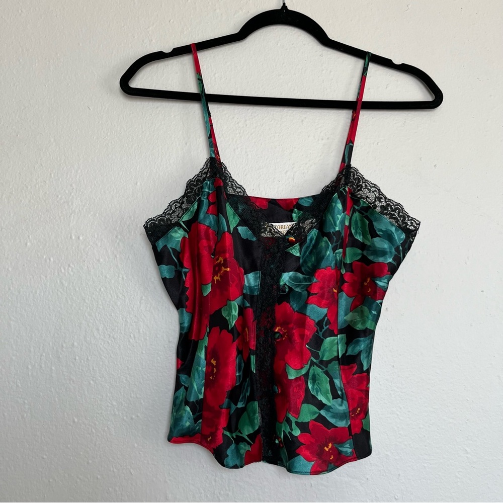 Vintage Victoria's Secret Gold Label Red and Green Floral Lace Trimmed Cami